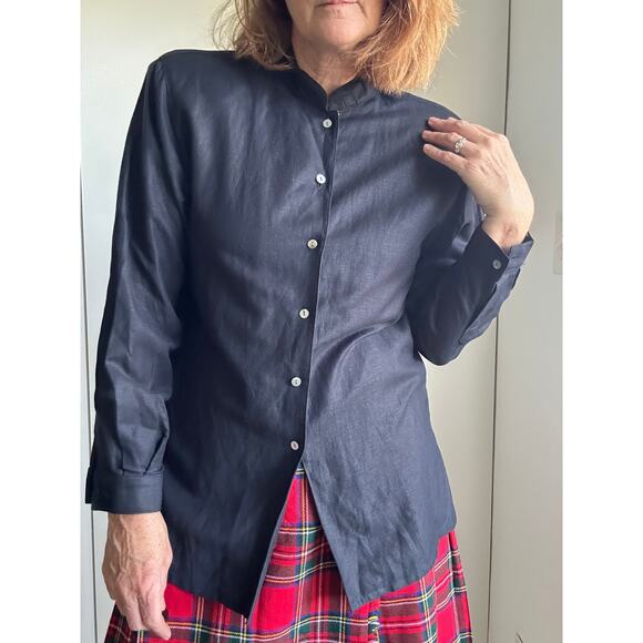 Vintage 90s Minimalist Linen Black Blouse Size 10P Long Sleeve Mock Collar Chic - Picture 3 of 9